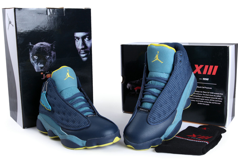 2013 Hardcover Air Jordan 13 Blue Yellow Shoes - Click Image to Close