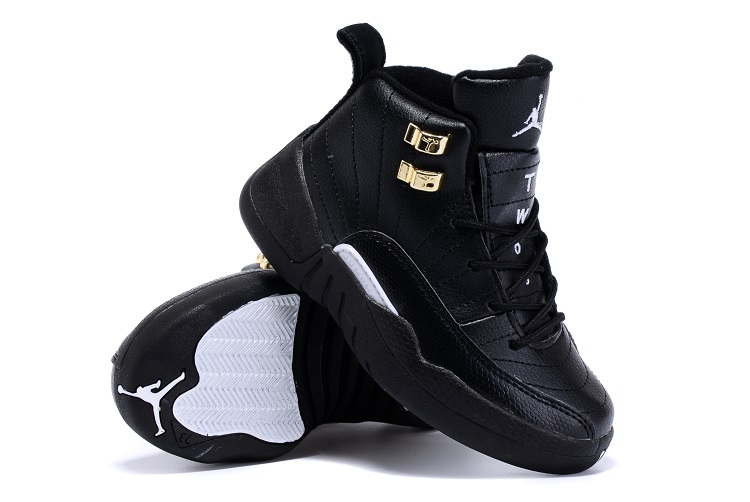 New Air Jordan 12 Retro All Black Gold Kids Shoes - Click Image to Close