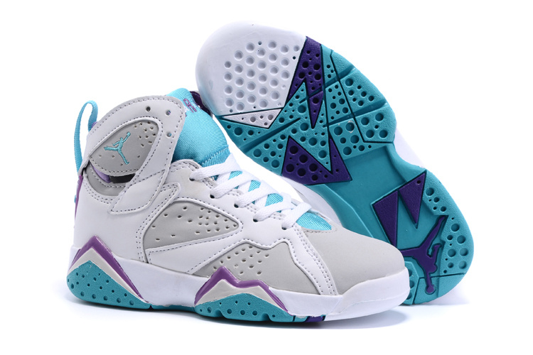 New Air Jordan 7 Retro White Grey Baby Blue Kids Shoes - Click Image to Close