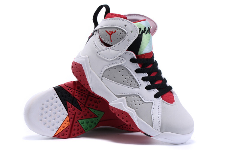 New Air Jordan 7 Retro White Grey Red Black Kids Shoes - Click Image to Close