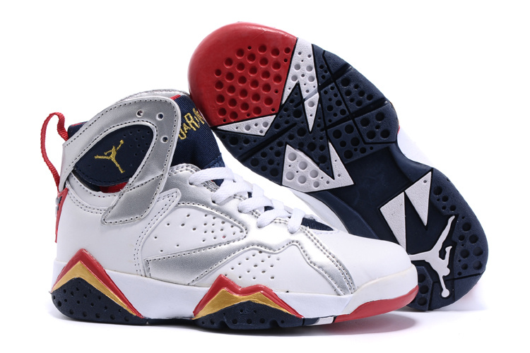 New Air Jordan 7 Retro White Silver Red Black Kids Shoes