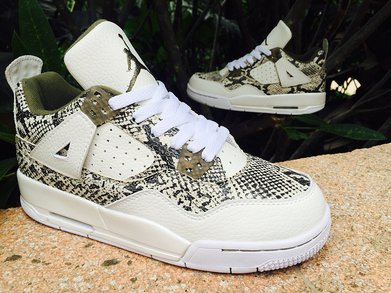 New Arrival Air Jordan 4 SnakeSkin White Army Green Shoes