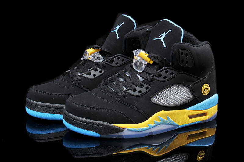 Latest 2015 Air Jordan 5 Retro Black Yellow Blue Shoes - Click Image to Close