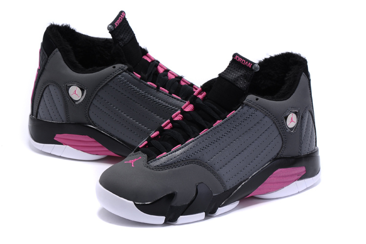 New Women Air Jordan 14 Retro Wool Grey Black Pink Shoes - Click Image to Close