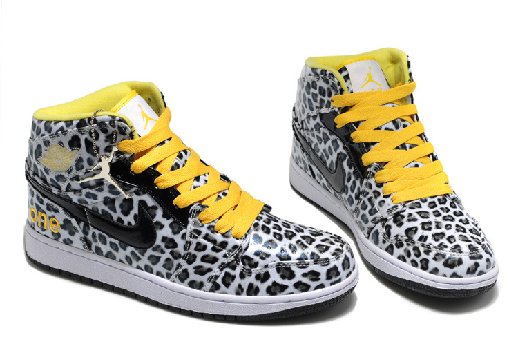 Air Jordan 1 Leopard Leather White Black Yellow Shoes
