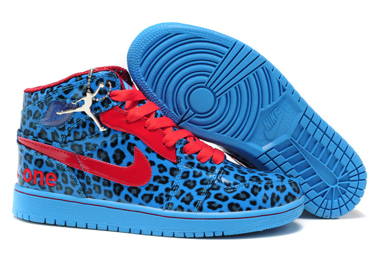 Air Jordan 1 Leopard Leather White Blue Red Shoes - Click Image to Close