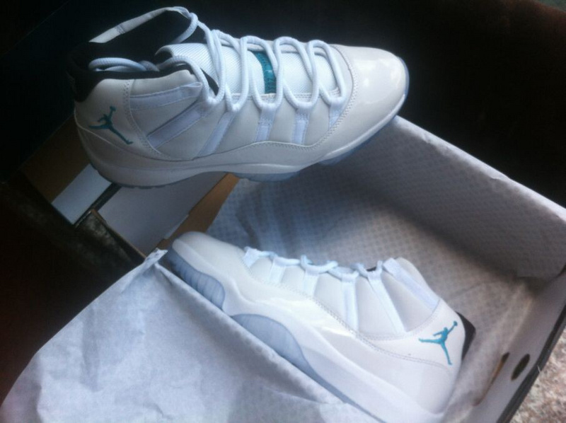 Air Jordan 11 Retro All White Blue Logo Shoes