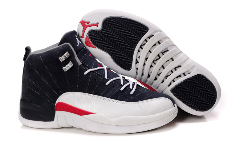 Air Jordan 12 Suede Black White Red Shoes - Click Image to Close