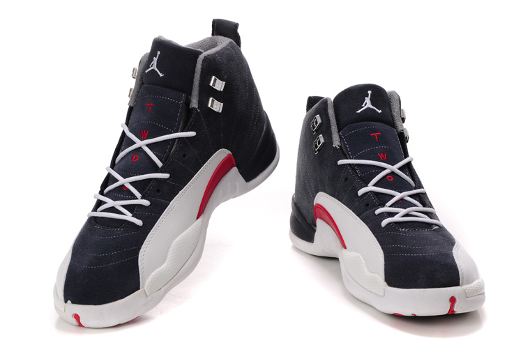Air Jordan 12 Suede Black White Red Shoes - Click Image to Close
