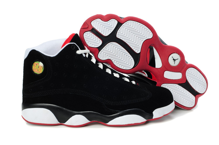 Air Jordan 13 Suede Dark Black White Red Shoes - Click Image to Close