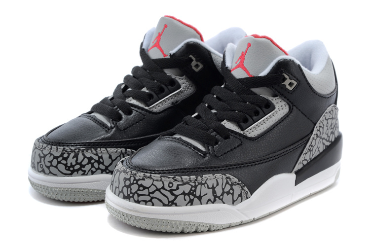 Classic Jordan 3 Black Cement Grey Red Shoes For Kids - Click Image to Close