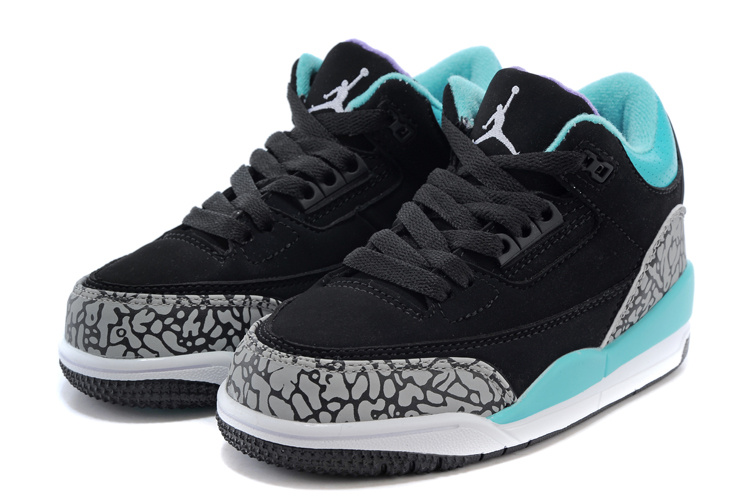 Classic Jordan 3 Black Grey Jade Blue Shoes For Kids