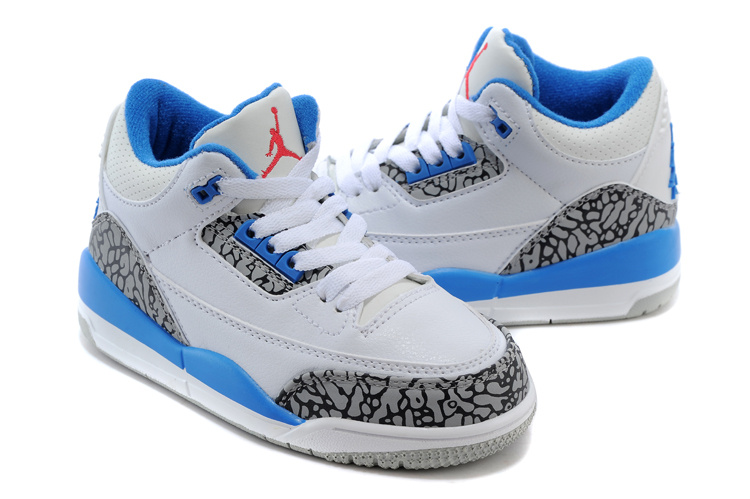 Classic Jordan 3 White Cement Grey Blue Shoes For Kids - Click Image to Close