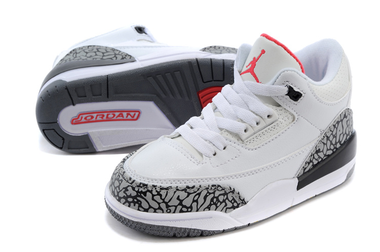 Classic Jordan 3 White Cement Grey Red Shoes For Kids