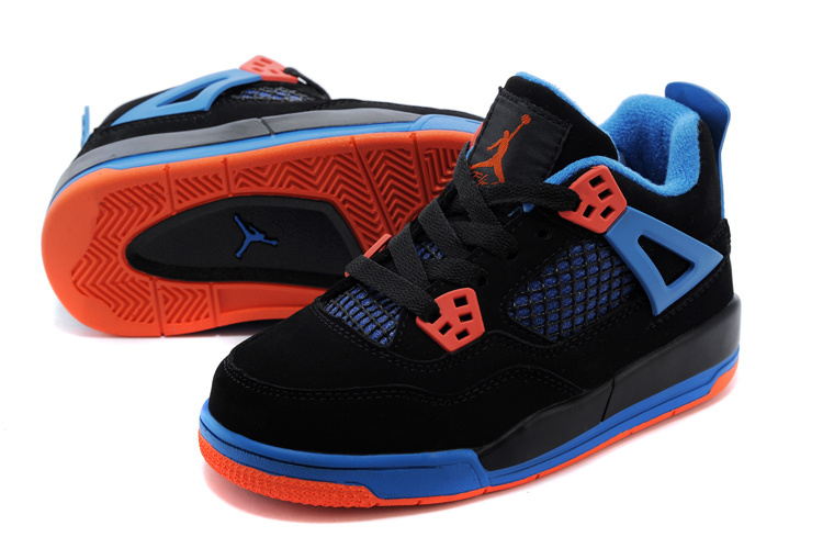 Classic Jordan 4 Black Blue Orange Shoes For Kids