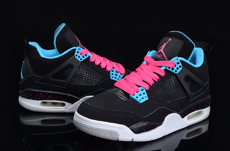 Air Jordan 4 Black Blue Pink For Women - Click Image to Close