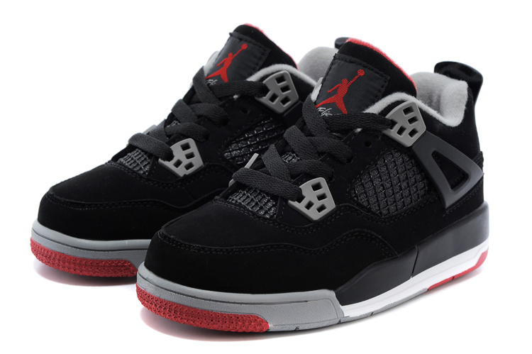 Classic Jordan 4 Black Cement Grey Red Shoes For Kids