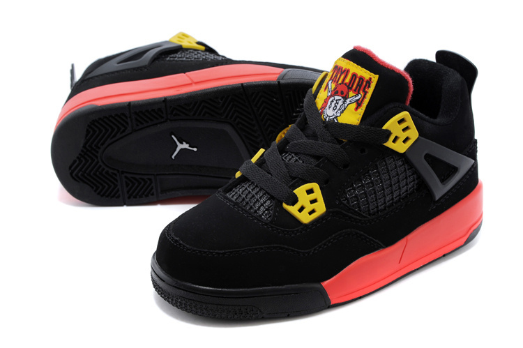 Classic Jordan 4 Black Yellow Red Shoes For Kids - Click Image to Close