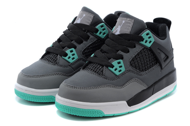 Classic Jordan 4 Grey Black Green Shoes For Kids - Click Image to Close