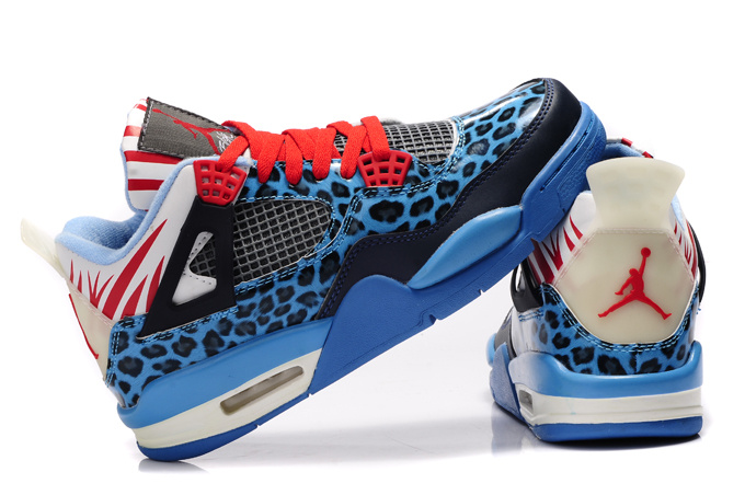 Air Jordan 4 Leopard Print Blue Black White Red Shine Shoes - Click Image to Close