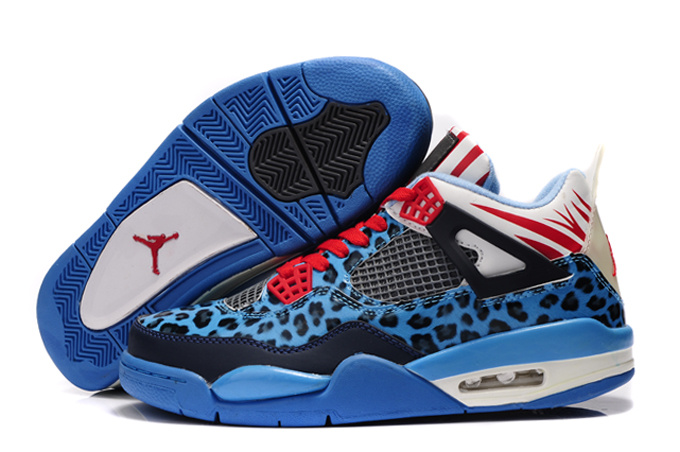 Air Jordan 4 Leopard Print Blue Black White Red Shine Shoes - Click Image to Close