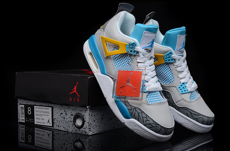 2015 Jordan 4 Retro Grey Light Blue Yellow Shoes - Click Image to Close