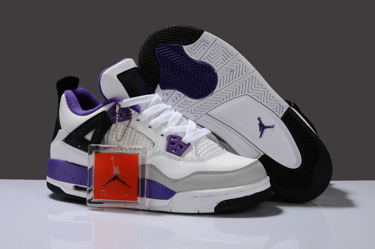 Air Jordan 4 White Purplr Grey Black For Women - Click Image to Close