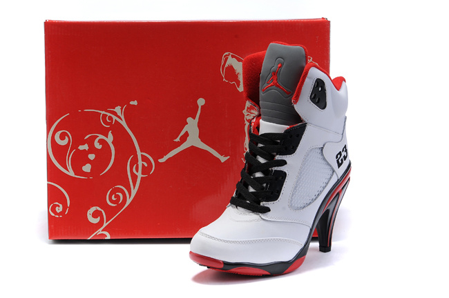 Air Jordan 5 High Heel White Black Red For Women - Click Image to Close