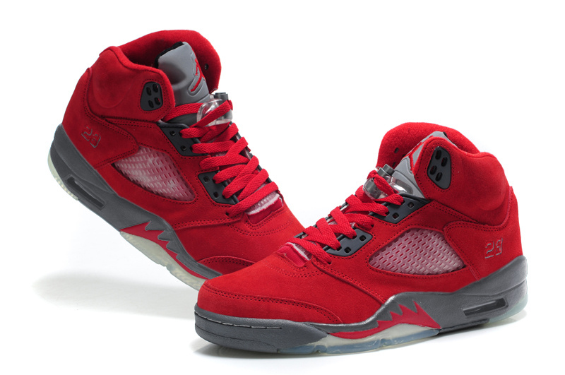 Air Jordan 5 Suede Red Grey Shoes On 