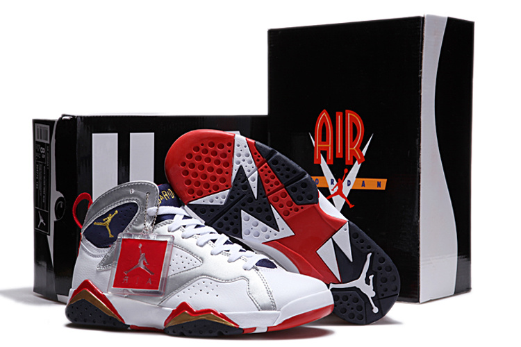 Air Jordan 7 Duplicate White Silver Red Shoes - Click Image to Close