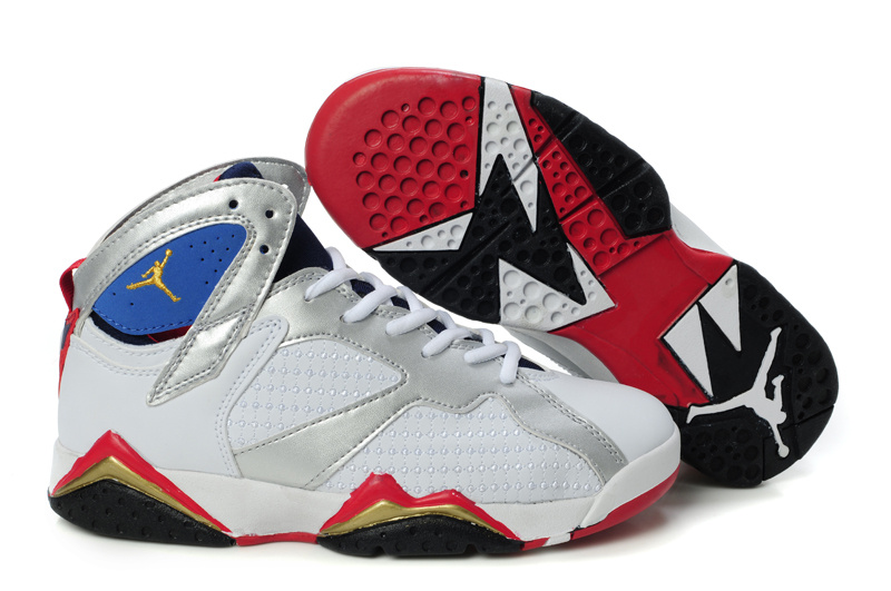 Air Jordan 7 Embroided White Silver Red For Women - Click Image to Close
