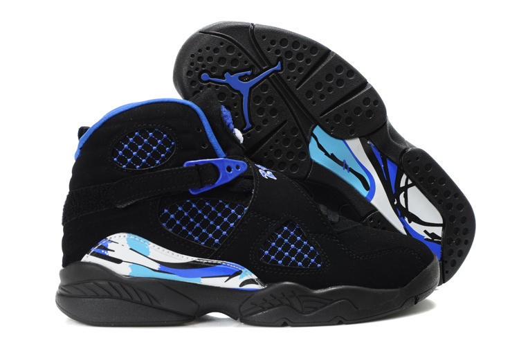 Comfortable Air Jordan 8 Black Blue For Kids - Click Image to Close