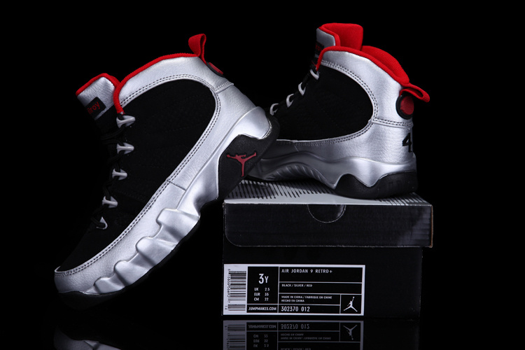 Air Jordan 9 Black Silver Red For Kids - Click Image to Close