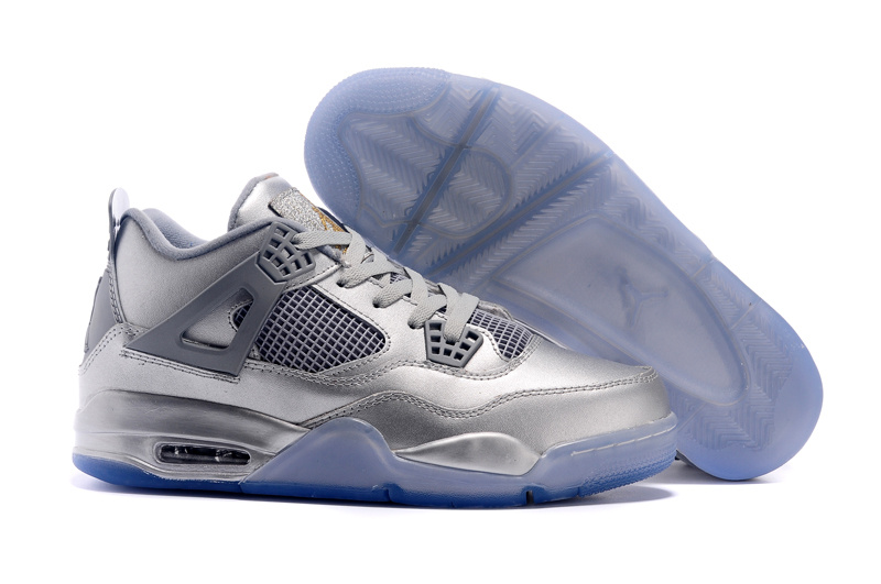 All Silver Blue Sole Air Jordan 4 Shoes - Click Image to Close