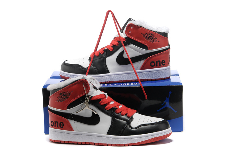 Hardcover Air Jordan 1 Wool White Black Red Shoes - Click Image to Close