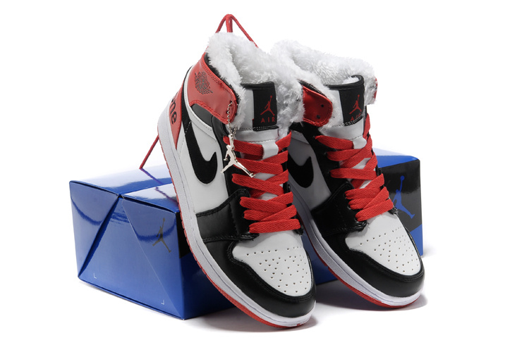 Hardcover Air Jordan 1 Wool White Black Red Shoes - Click Image to Close