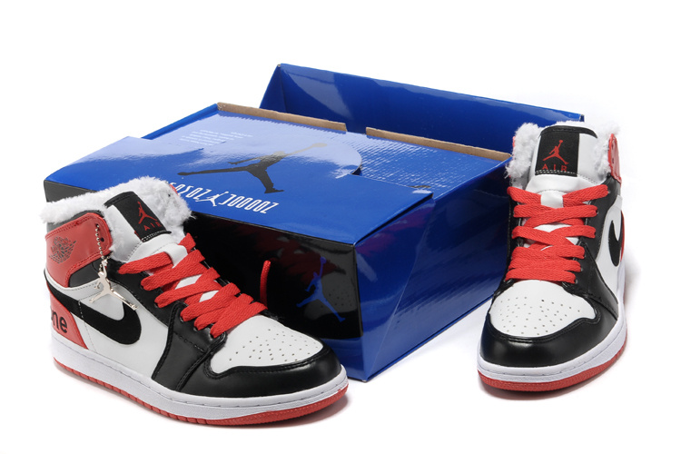 Hardcover Air Jordan 1 Wool White Black Red Shoes - Click Image to Close