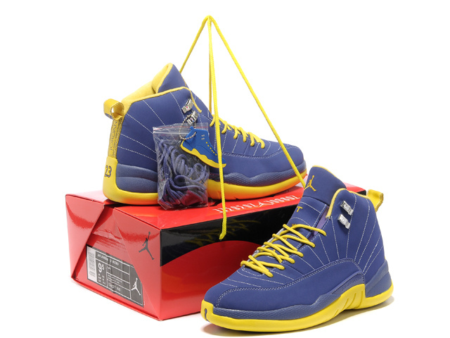 Hardcover Air Jordan 12 Blue Yellow Shoes - Click Image to Close