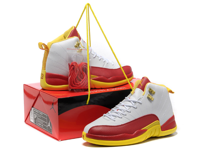 Hardcover Air Jordan 12 White Red Yellow Shoes - Click Image to Close