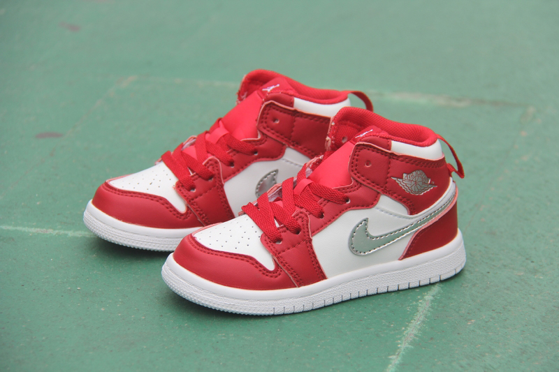 New Kid's Air Jordan 1 Retro Red White Silver Shoes - Click Image to Close