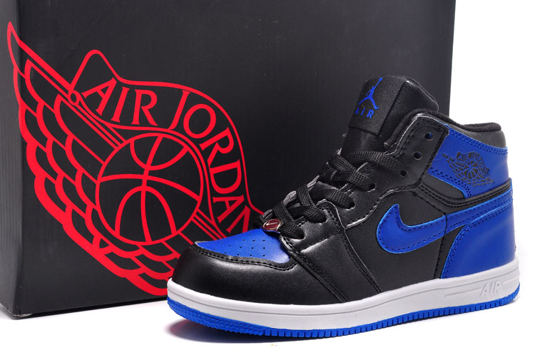 Kids Air Jordan 1 Black Blue Swoosh Shoes