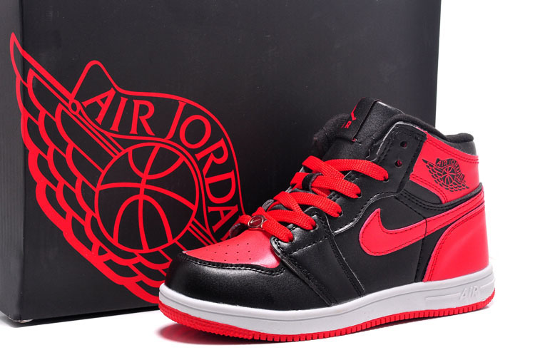 Kids Air Jordan 1 Black Red Swoosh Shoes