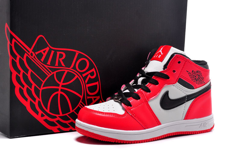 Kids Air Jordan 1 Red White Black Swoosh Shoes