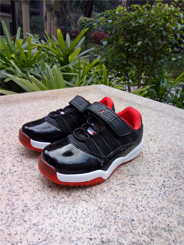 2017 Kid's Jordan 11 Low Magic Buckle Black Red White Shoes