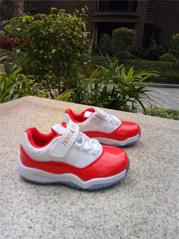 2017 Kid's Jordan 11 Low Magic Buckle White Red Shoes - Click Image to Close