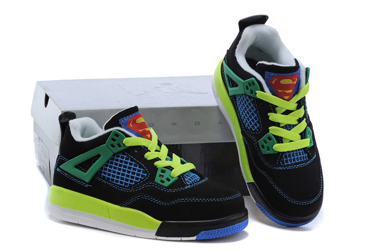Kids Air Jordan 4 Green Black Blue Shoes - Click Image to Close