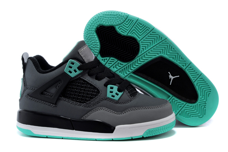Kids Air Jordan 4 Grey Black Green White Shoes - Click Image to Close