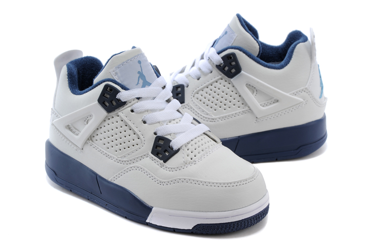 Kids Air Jordan 4 White Dark Blue Shoes