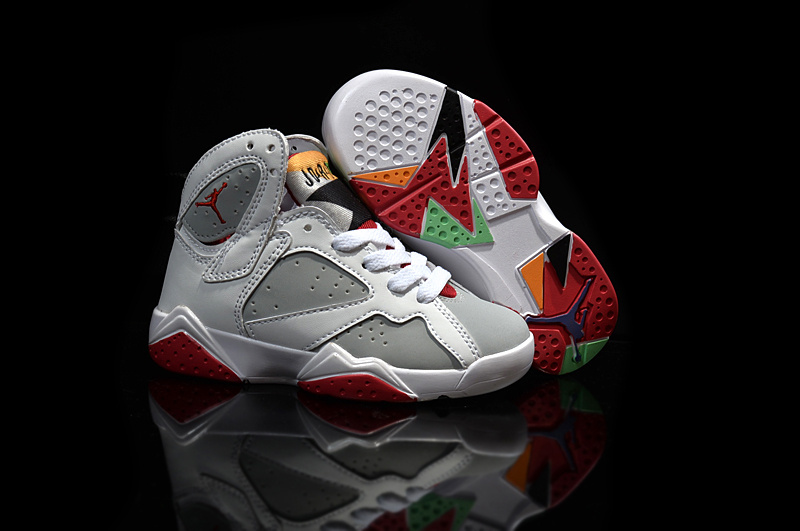 2015 Kids Air Jordan 7 Retro White Grey Red Shoes