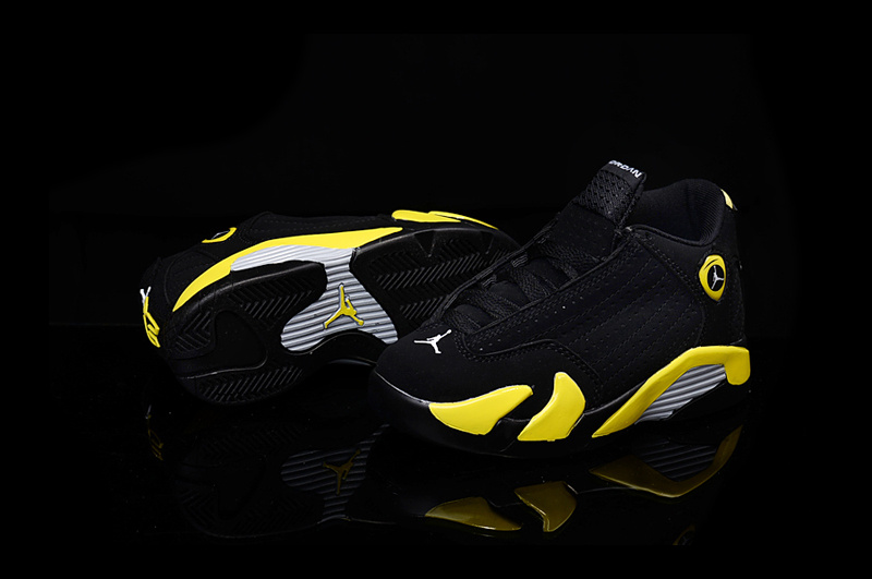 2016 Kids Air Jordan 14 Retro Thunder Black Yellow Shoes - Click Image to Close